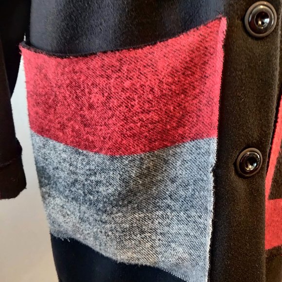 Saga Womens L? Made Italy Black Red Gray Colorblock Button Pockets Coat Jacket - Picture 7 of 10